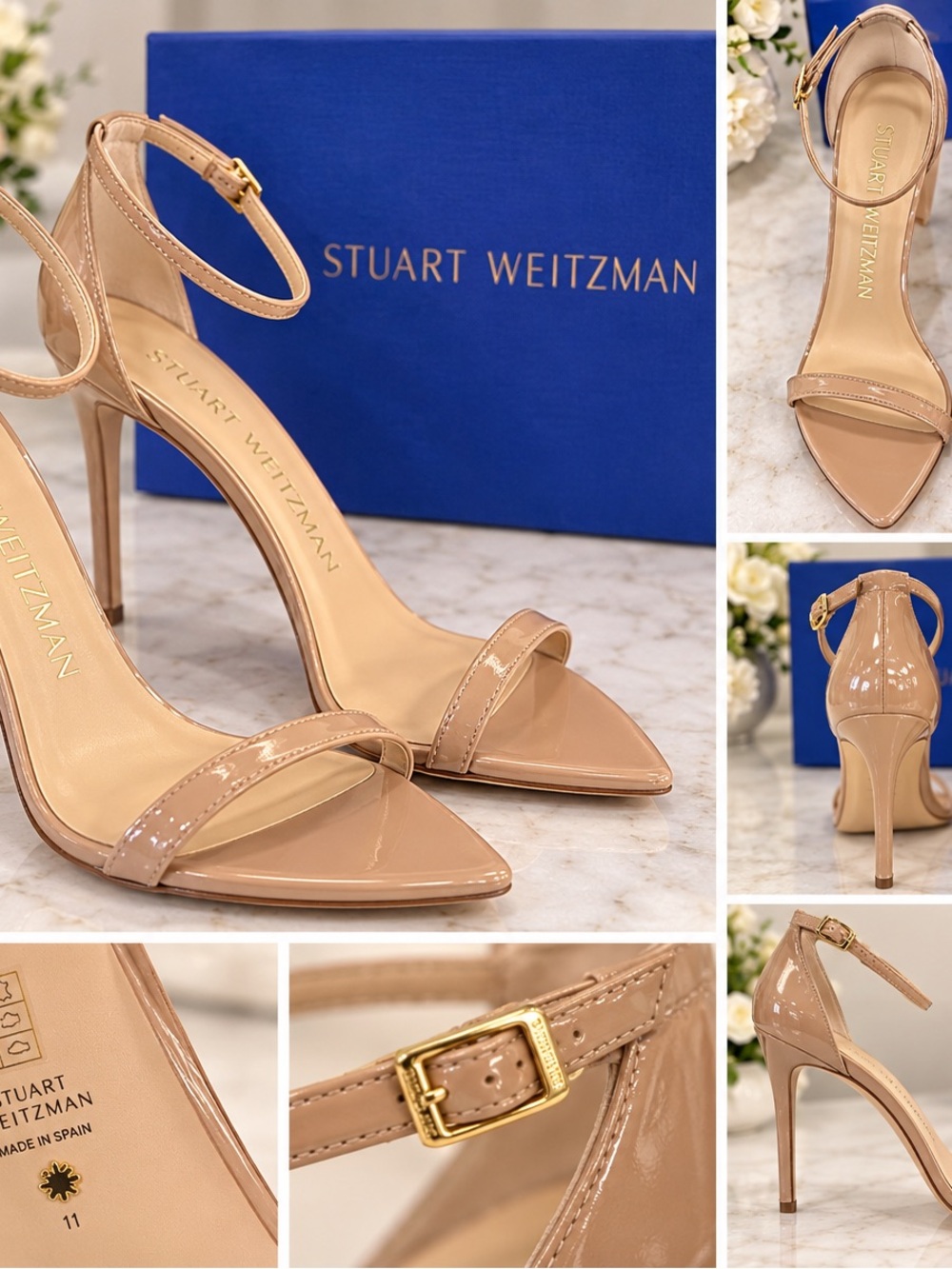 Stuart Weitzman Patent Nude Ankle-Strap Stiletto Sandals